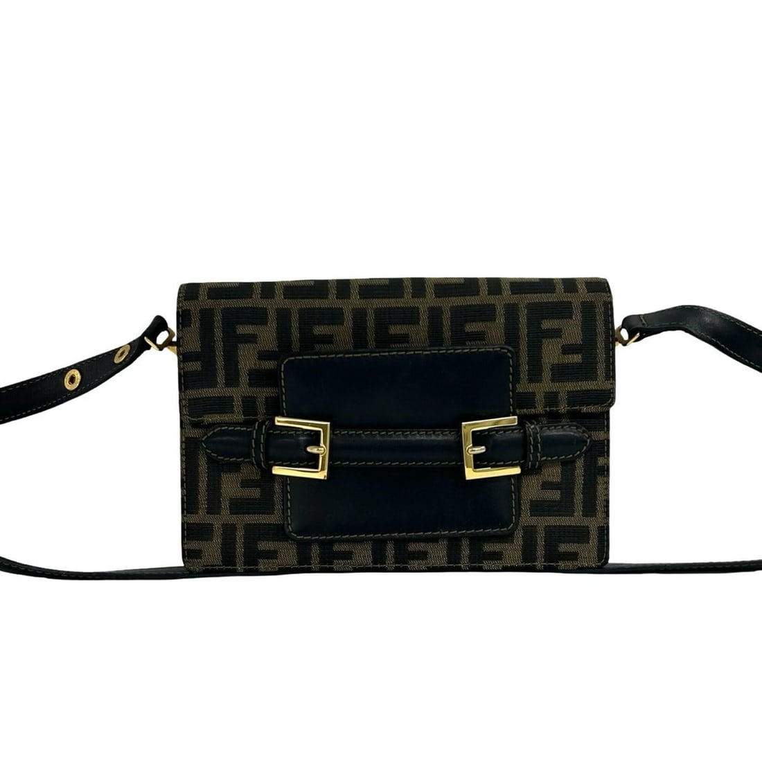 FENDI Vintage Zucca FF Pattern Canvas Leather Semi One Shoulder Bag Pochette Brown Black 201-8: --- Catalog ---Category: SizeSize (HxWxD): 15cm x 22.5cm x 3cm / 5.9'' x 8.85'' x 1.18''Category: DesignType: Pochette, Shoulder bagColor: Black, BrownGender: WomenMaterial: Canvas , Leather Category: