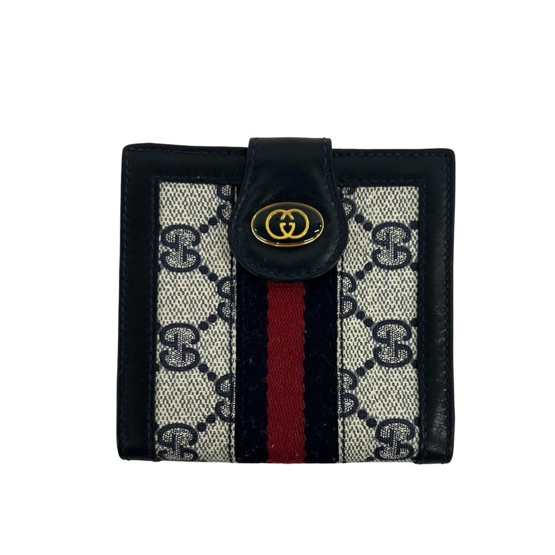 GUCCI Vintage Sherry Line GG Logo Leather Bi-fold Wallet, Navy, 104-9: --- Catalog ---Category: SizeSize (HxWxD): 9cm x 10cm x 1cm / 3.54'' x 3.93'' x 0.39''Category: DesignType: Wallet (bi-fold)Color: Navy, Red colorGender: WomenMaterial: PVC , Leather Category: General