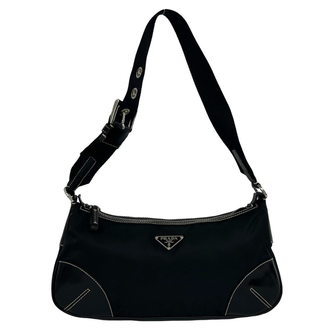 PRADA Triangle Logo Plate Hardware Tessuto Nylon Leather Semi One-Shoulder Bag Black 15595