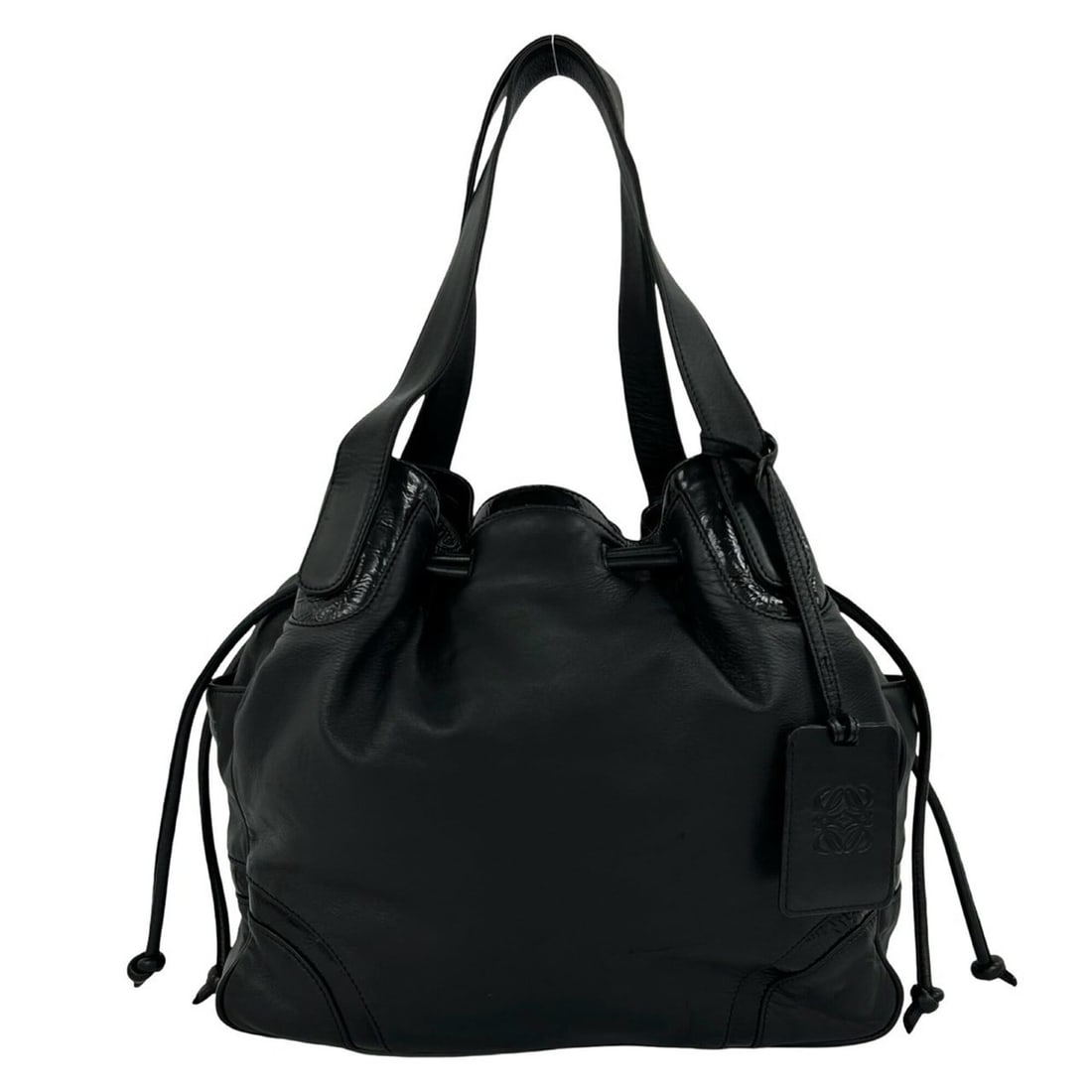 LOEWE logo-embossed leather drawstring tote bag, semi-shoulder handbag, black, 27737