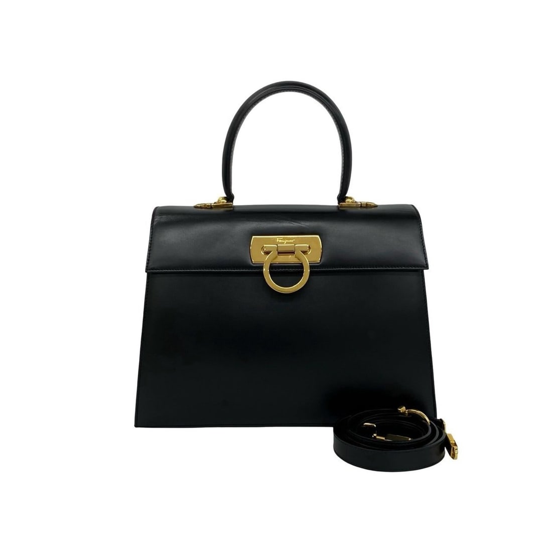 Salvatore Ferragamo Gancini Logo Leather 2-Way Handbag/Shoulder Bag, Black, 37004