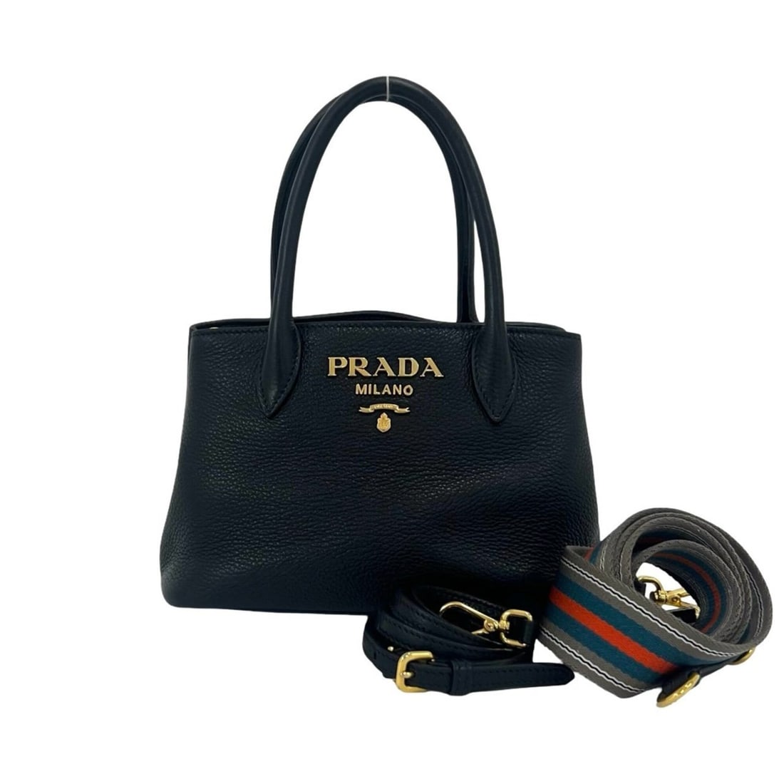 PRADA Prada Logo Hardware Leather 3-way Shoulder Bag Mini Handbag Tote Black 27671