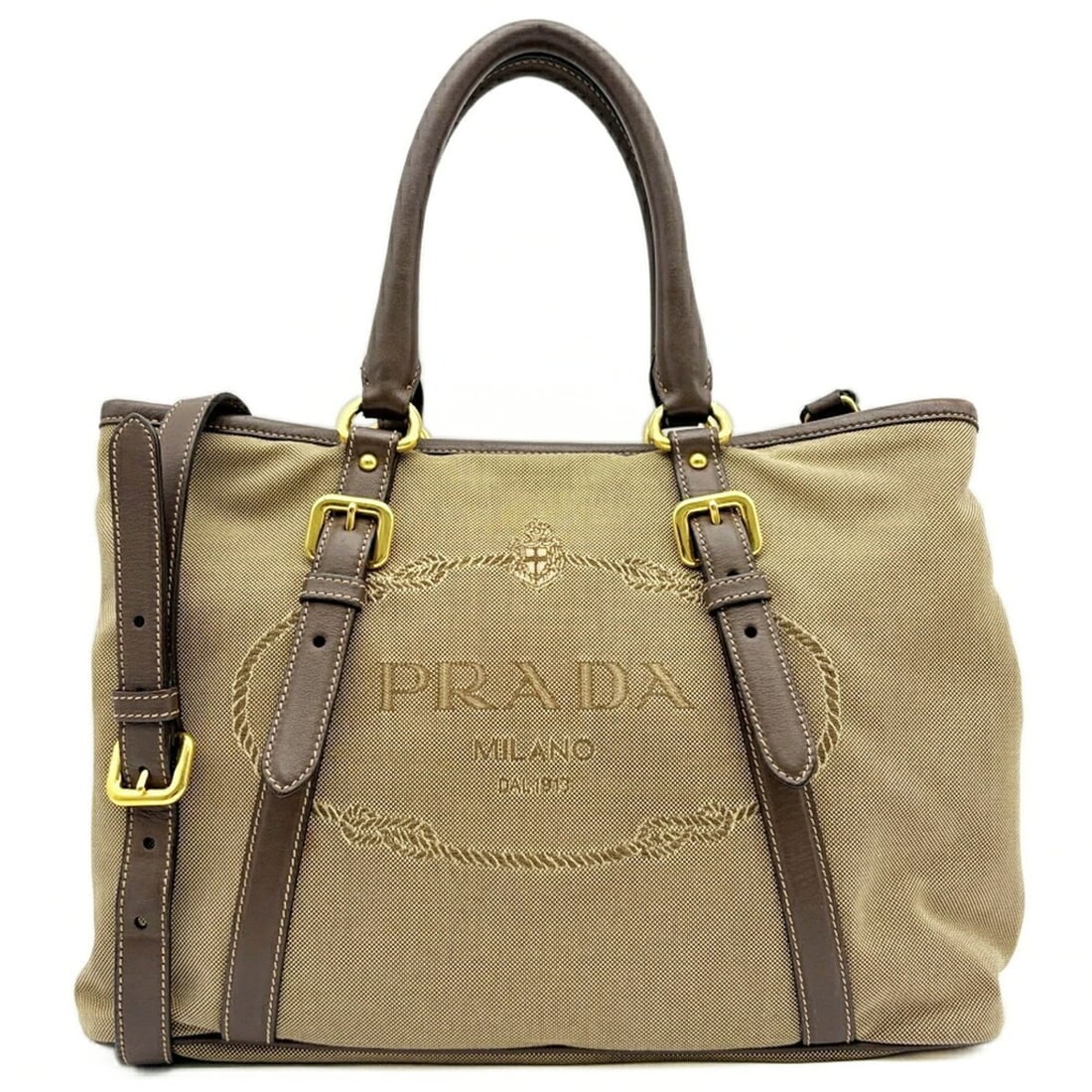 Prada PRADA Tote Bag, Jacquard, BN2832, Canvas and Leather, Beige/Dark Brown, 2-way (1 of 20)
