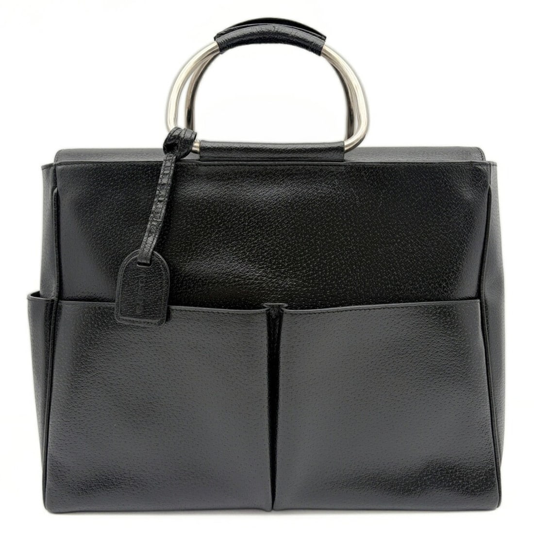 Gucci tote bag with metal handles, leather, black, vintage Gucci.: --- Catalog ---Category: SizeSize (HxWxD): 27cm x 35cm x 12cm / 10.62'' x 13.77'' x 4.72''Category: DesignType: Tote bagColor: BlackGender: Women,MenMaterial: Leather Category: GeneralBrand: GucciCoun