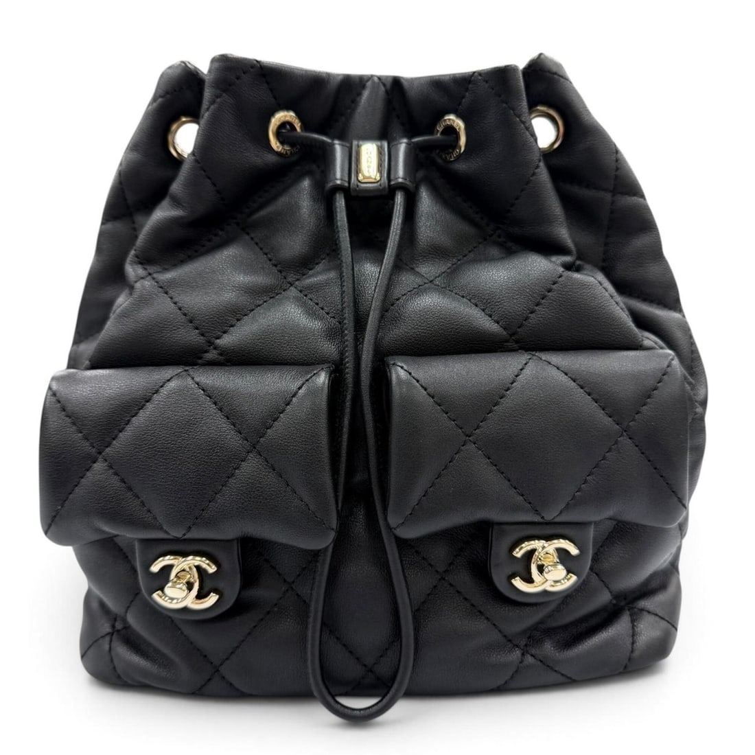 CHANEL AS4342 Matelassé Coco Mark Two-Pocket Calfskin Backpack/Daypack, Black with Gold Hardware,: --- Catalog ---Category: SizeSize (HxWxD): 24cm x 24cm x 13cm / 9.44'' x 9.44'' x 5.11''Category: DesignType: BackpackColor: BlackGender: WomenMaterial: Leather Hardware Color: GoldLeather/Fur Type: C