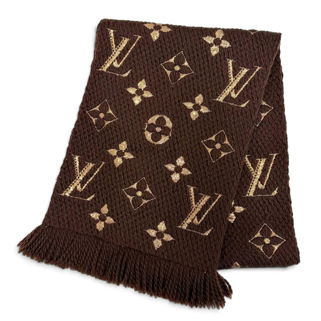 LOUIS VUITTON M71383 Echarpe Logomania Shine Wool Silk Marron Monogram Fringe Stole Scarf Brown Made