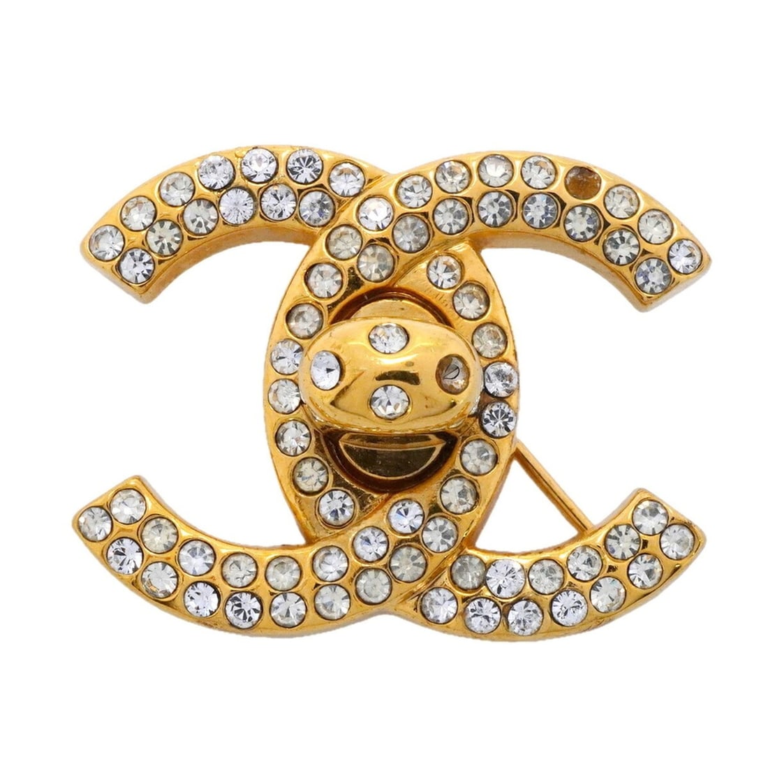 Chanel Brooch, Coco Mark, Turnlock, GP Plated, Rhinestone, Gold, Women's, P3345131: --- Catalog ---Category: SizeSize (HxWxD): 2.52cm x 3.24cm / 0.99'' x 1.27''Category: DesignType: BroochColor: GoldGender: WomenMaterial: Gold plating, RhinestoneCategory: GeneralBrand: Chanel--- Item