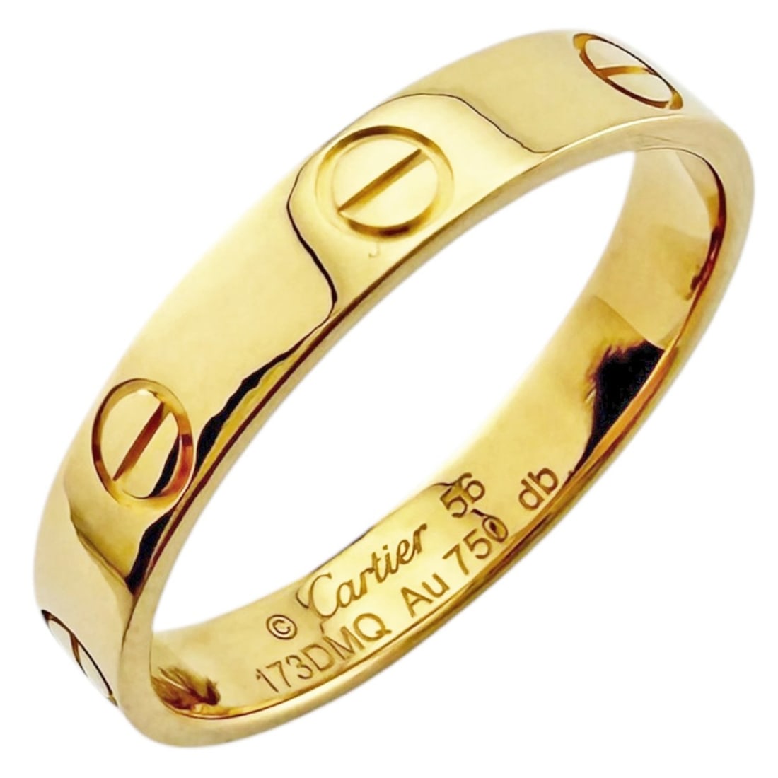 Cartier Mini Love Ring, 18K Yellow Gold, Men's/Women's, Used.: --- Catalog ---Category: PackNumber in Pack: 1Category: SizeWidth: 3.5mm / 0.14''Weight: 3.3g / 0.11oz.JP Size: 15.5US Size: 7.5Category: DesignType: Band ringGender: WomenHandmade: YesMaterial: Yello