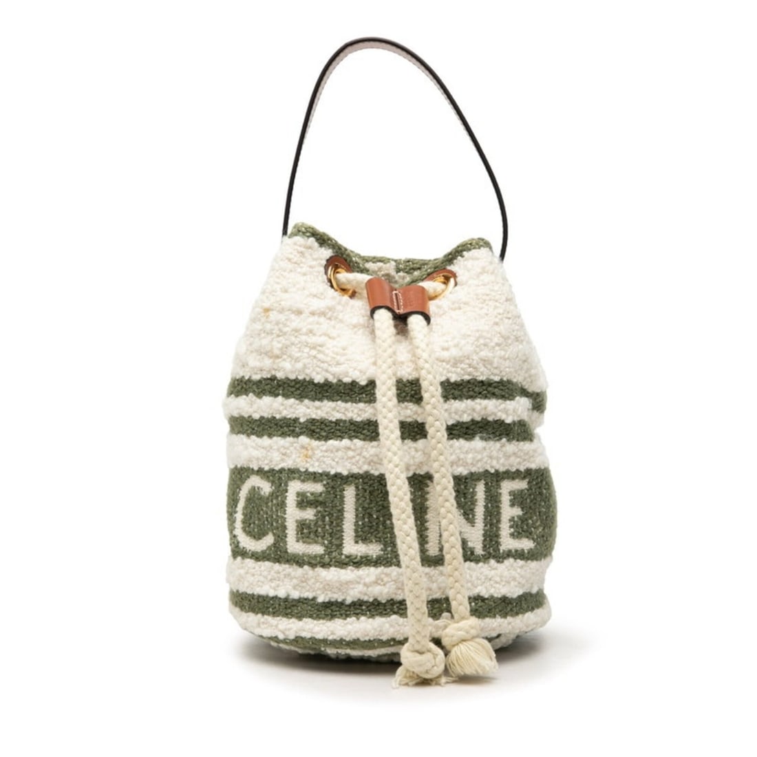 Celine Teen Drawstring Logo Handbag Bucket Bag White Ivory Green Textile Women's CELINE