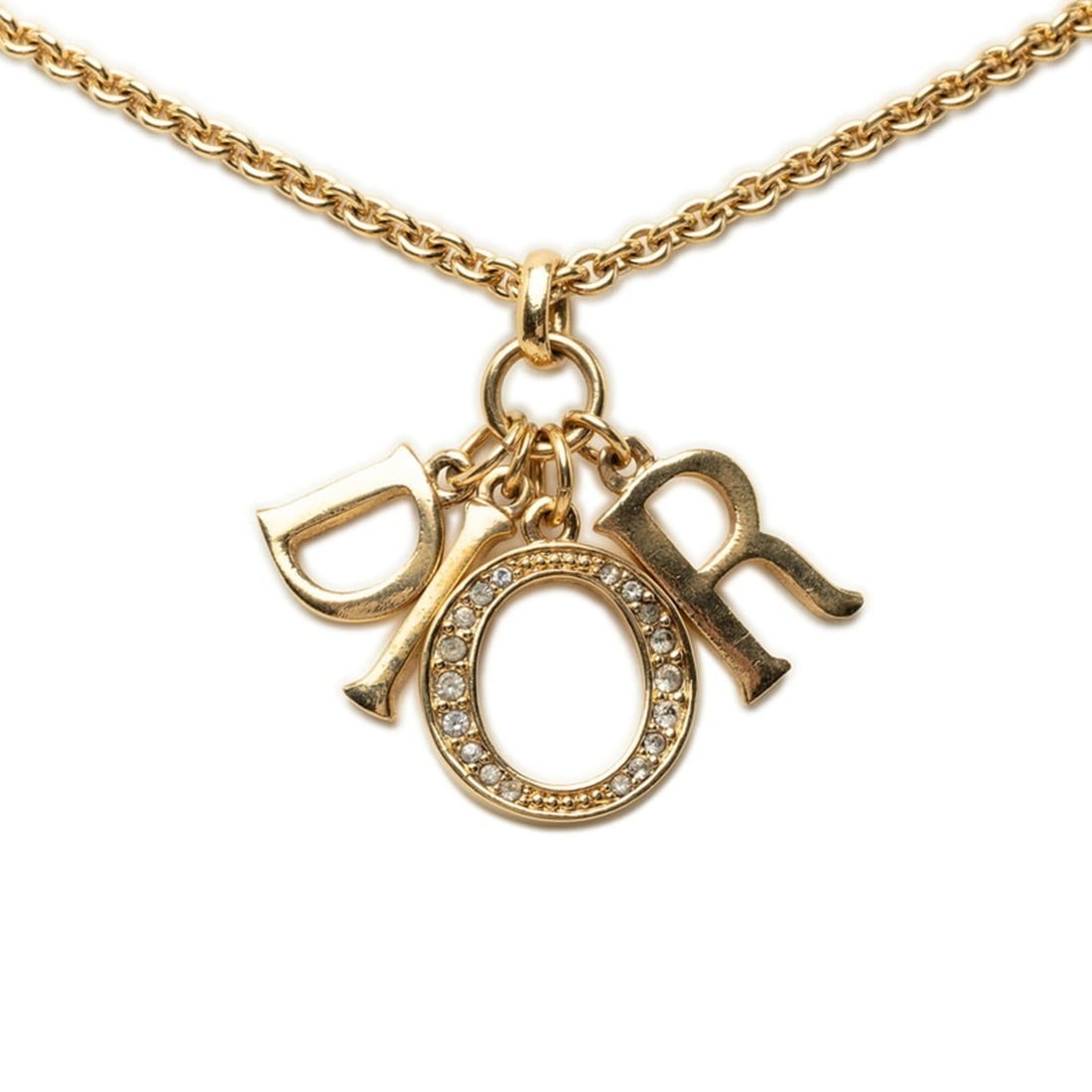 Christian Dior Dior Logo Chain Necklace, Gold Plated, Rhinestones, Women's: --- Catalog ---Category: SizePendant Size: 25.6mm x 29.5mm / 1'' x 1.16''Neck Circumference: 51.5 cm / 20.27''Category: DesignColor: GoldGender: WomenMaterial: Gold plating, RhinestoneNecklace Type: N