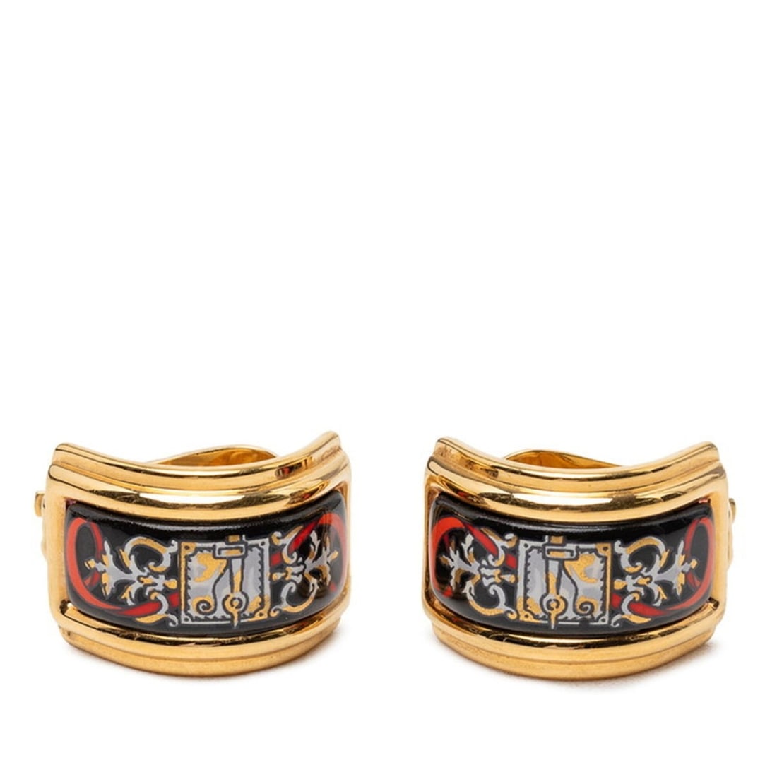Hermes enamel cloisonné earrings, gold and black plated, for women.: --- Catalog ---Category: SizeSize (HxWxD): 19.20mm x 14.10mm / 0.76'' x 0.56''Category: DesignType: Clip earringsColor: Black, GoldGender: WomenMaterial: Gold platingCategory: GeneralBrand: Hermes--- 
