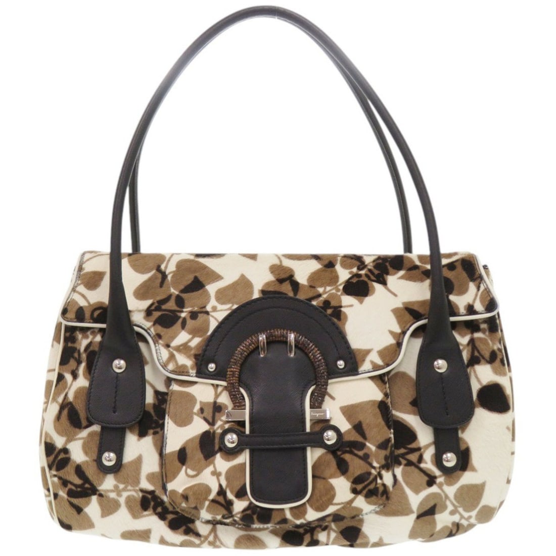 Salvatore Ferragamo AB-21 6805 Calf Hair Leather Brown Black Shoulder Bag 1391Salvatore