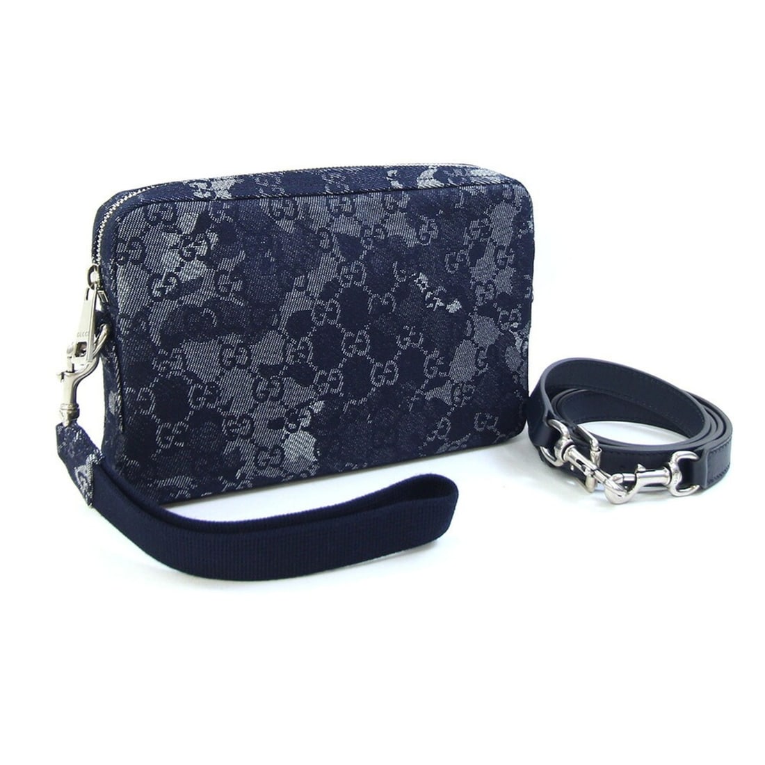 Gucci Shoulder Bag 849009 GG Denim Navy Crossbody Bag, Second with Hand Strap, Clutch Indigo,: --- Catalog ---Category: SizeSize (HxWxD): 14.5cm x 22.5cm x 4cm / 5.7'' x 8.85'' x 1.57''Category: DesignType: Clutch bag, Shoulder bagColor: Dark blue, NavyGender: WomenMaterial: Denim , Leather Cat