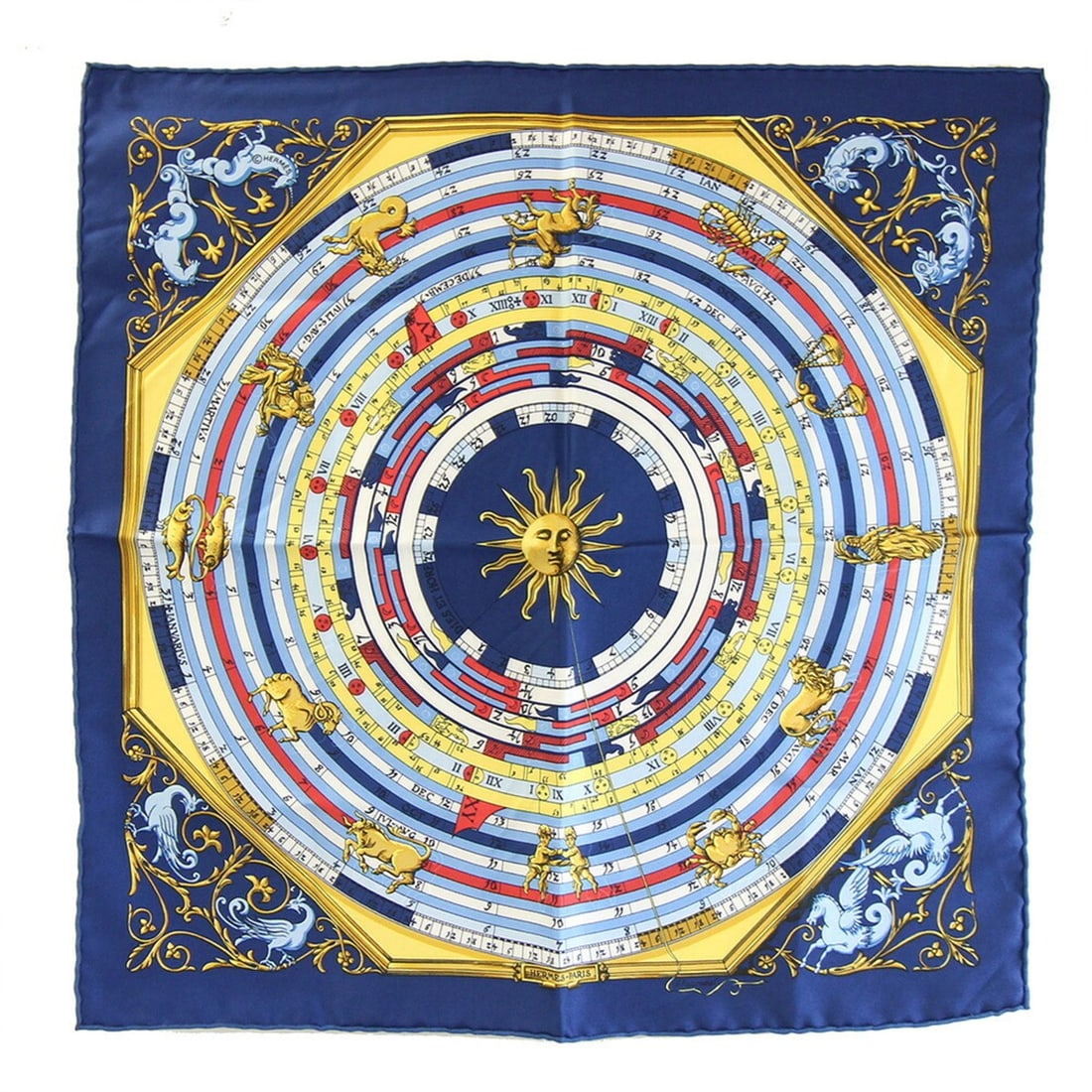Hermes scarf/muffler, Carre 40, DIES ET HORE (Dier et Hore), blue silk, handkerchief, angel, petit: --- Catalog ---Category: SizeSize (LxW): 42cm x 41cm / 16.53'' x 16.14''Category: DesignType: ScarfColor: BlueGender: WomenMaterial: Silk Category: GeneralBrand: HermesCountry of Origin: France--- Ite