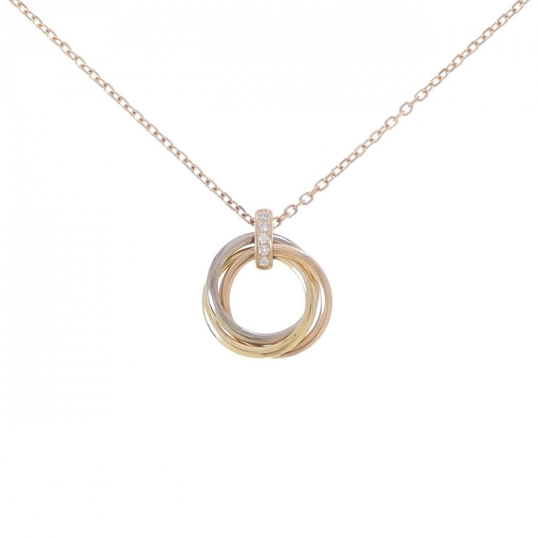 Cartier Trinity Necklace: --- Catalog ---Category: SizePendant Size: 22.8mm x 19mm / 0.89'' x 0.74''Neck Circumference: 42 cm / 16.53''Category: DesignGender: WomenMaterial: Pink gold (18K), White gold (18K), Yellow gold (18K)