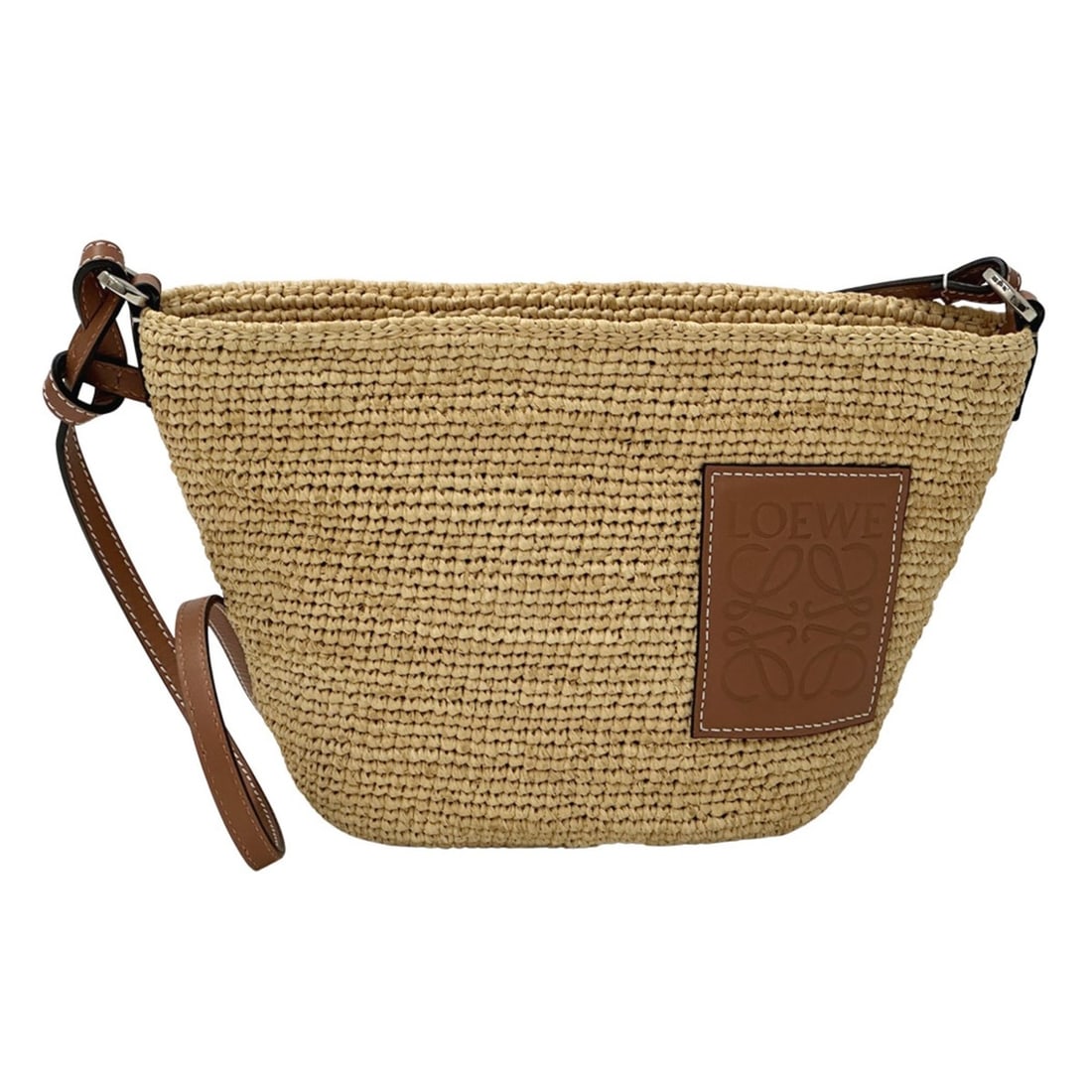 LOEWE handbag for women, Anagram design, shoulder bag, raffia leather, slit pochette beige/brown.: --- Catalog ---Category: SizeSize (HxWxD): 16cm x 28cm x 10cm / 6.29'' x 11.02'' x 3.93''Category: DesignType: Pochette, Shoulder bagColor: Beige, BrownGender: WomenMaterial: Raffia , Leather Category