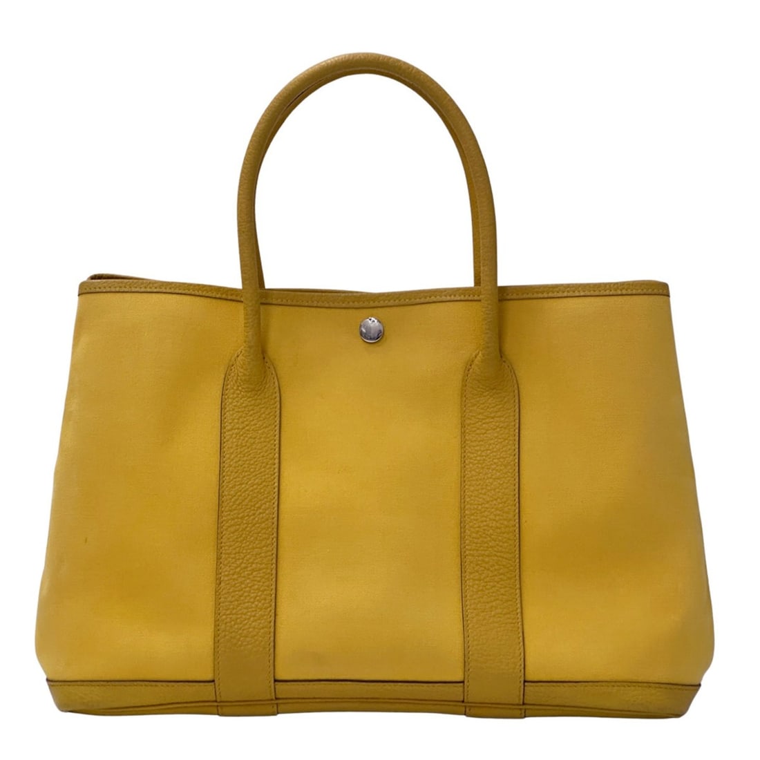 Hermes Garden Party PM Toile Officier Handbag, Women's Tote Bag, Yellow, Silver Hardware, ?M: --- Catalog ---Category: SizeSize (HxWxD): 26cm x 36cm x 17cm / 10.23'' x 14.17'' x 6.69''Category: DesignType: Tote bagColor: YellowGender: WomenMaterial: Toile officier Category: GeneralBrand: