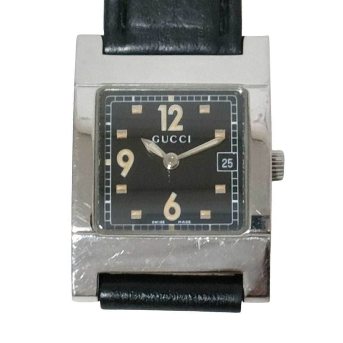 GUCCI Watch 7700L Black Silver Stainless Steel Leather Women's Analog Square: --- Catalog ---Category: SizeWrist Size: 19cm / 7.48''Case Diameter: 23.7mm / 0.93''Category: DesignType: WristwatchGender: WomenColor (Dial): BlackMaterial (Band): Leather, Stainless steelMaterial (C
