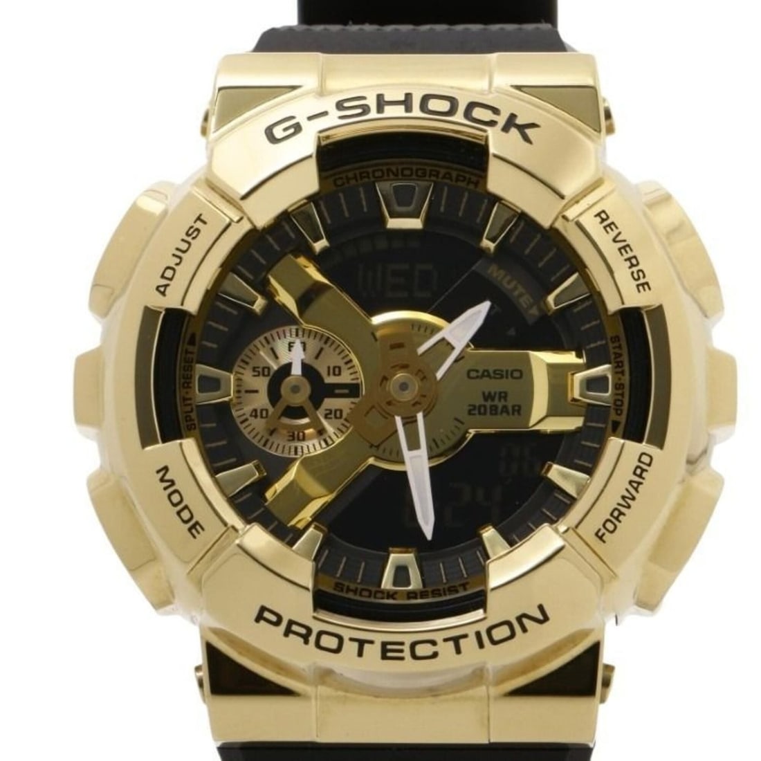 CASIO G-SHOCK ANALOG-DIGITAL 110 SERIES GM-110G Black Gold Resin/Stainless Steel Men's Analog Watch: --- Catalog ---Category: SizeWrist Size: 21cm / 8.26''Case Diameter: 48.8mm / 1.92''Category: DesignType: WristwatchGender: MenColor (Dial): BlackMaterial (Band): Stainless steelMaterial (Case): Stain