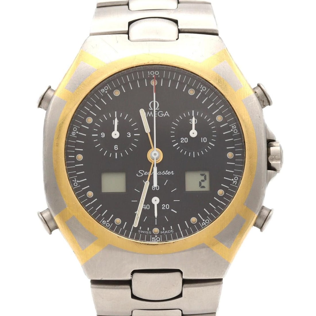 Omega Seamaster Polaris Two-Tone Stainless Steel x Gold-Plated Quartz Watch: --- Catalog ---Category: SizeWrist Size: 17.5cm / 6.88''Case Diameter: 38mm / 1.5''Category: DesignType: WristwatchGender: MenColor (Dial): GrayMaterial (Band): Stainless steelMaterial (Case): Gold pl