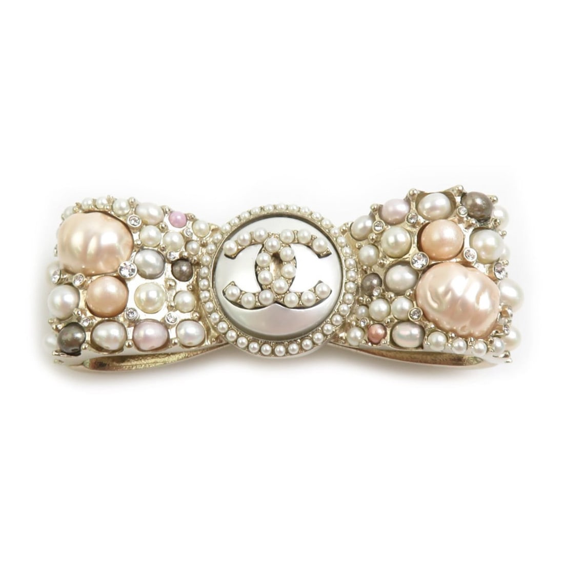 Chanel brooch, Coco Mark, ribbon, metal, faux pearl, gold, white, pink, women's, e62130a: --- Catalog ---Category: SizeSize (HxWxD): 2.2cm x 6.2cm / 0.86'' x 2.44''Category: DesignType: BroochColor: Gold, Pink, WhiteGender: WomenMaterial: Artificial pearl, MetalCategory: GeneralBrand: Chan
