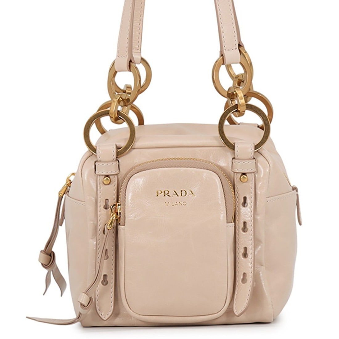 Prada handbag, dangle leather, 1BB137, PRADA: --- Catalog ---Category: SizeSize (HxWxD): 14cm x 14.5cm x 14cm / 5.51'' x 5.7'' x 5.51''Category: DesignType: HandbagColor: BeigeGender: WomenMaterial: Leather Category: GeneralBrand: PradaCountry