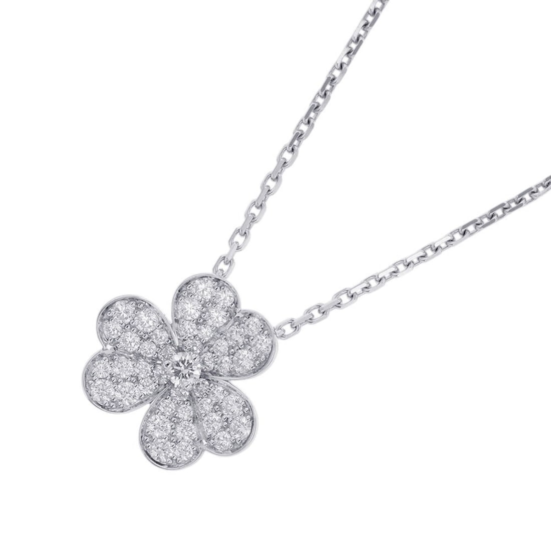 Van Cleef & Arpels Frivole Pendant Necklace, Small Model, 43 Diamonds (0.77ct total), 18K White: --- Catalog ---Category: SizePendant Size: 14.9mm x 16.3mm / 0.58'' x 0.64''Neck Circumference: 36.5 cm - 41 cm / 14.37'' - 16.14''Category: DesignGender: WomenMaterial: White gold (18K)Pendant Type: