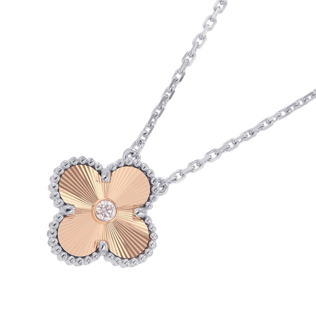 Van Cleef & Arpels Alhambra Guilloche Diamond Necklace, 1P, 18K White Gold/18K Pink Gold: --- Catalog ---Category: SizePendant Size: 14.8mm x 14.8mm / 0.58'' x 0.58''Neck Circumference: 37 cm - 41.5 cm / 14.56'' - 16.33''Category: DesignGender: WomenMaterial: Pink gold (18K), White gold