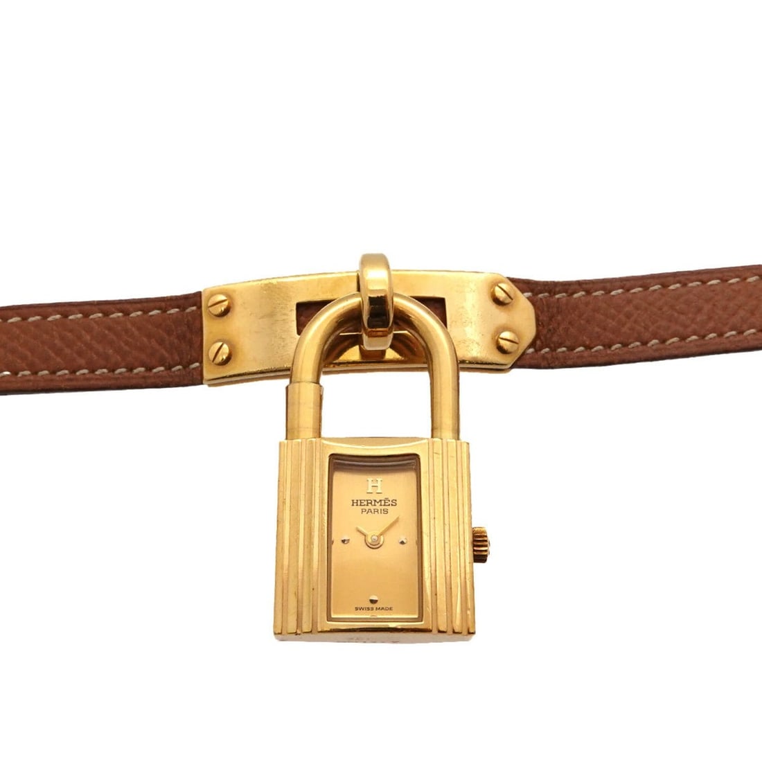 Hermes Kelly Watch, Ladies' Gold and Brown Quartz Watch with Padlock: --- Catalog ---Category: SizeWrist Size: 13cm - 15.5cm / 5.11'' - 6.1''Case Diameter: 20mm / 0.79''Category: DesignType: WristwatchGender: WomenColor (Dial): GoldMaterial (Band): Gold plated, Leather,