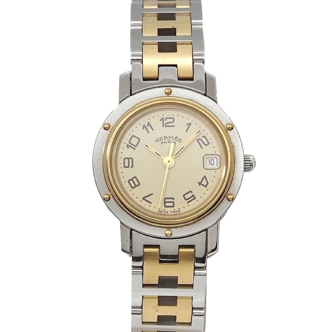 Hermes CL4 220 Women's Watch, Date, Ivory, Quartz Watch: --- Catalog ---Category: SizeWrist Size: 14.5cm / 5.7''Case Diameter: 24mm / 0.94''Category: DesignType: WristwatchGender: WomenColor (Dial): IvoryMaterial (Band): Gold plated, Stainless steelMaterial