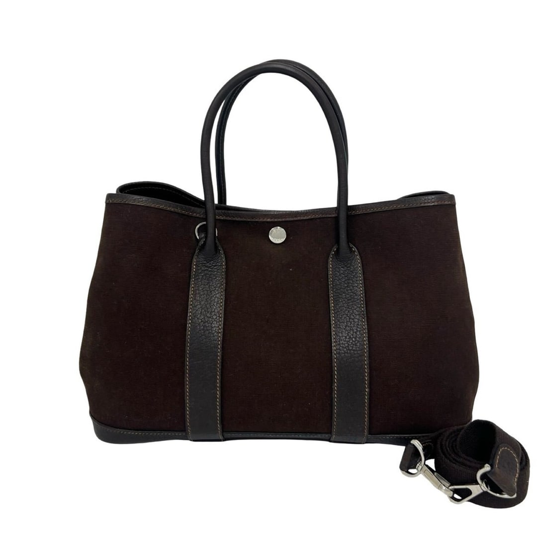 HERMES Garden Party TPM Toile Officier Buffle 2-way Tote Shoulder Bag Marron 23673: --- Catalog ---Category: SizeSize (HxWxD): 21.5cm x 29.5cm x 13.5cm / 8.46'' x 11.61'' x 5.31''Category: DesignType: Shoulder bagColor: BrownGender: WomenMaterial: Toile officier , Buffalo leather Cat
