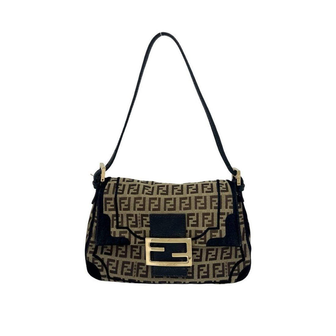 FENDI Zucchino FF Pattern Canvas Leather Semi-One Shoulder Bag Handbag Brown Black 26242: --- Catalog ---Category: SizeSize (HxWxD): 13cm x 22cm x 10cm / 5.11'' x 8.66'' x 3.93''Category: DesignType: Handbag, Shoulder bagColor: Black, BrownGender: WomenMaterial: Canvas , Leather Category: 