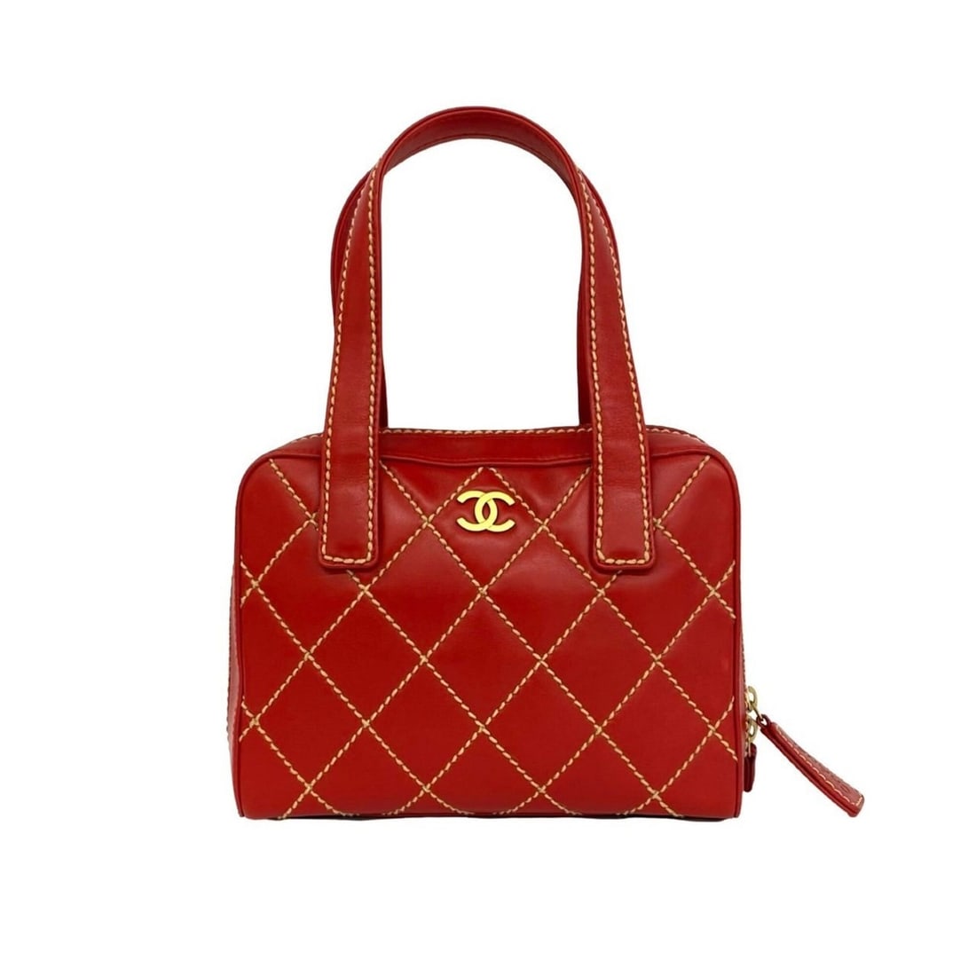 CHANEL Chanel Coco Mark Wild Stitch Leather Genuine Handbag Mini Tote Bag Red 28145 (1 of 14)