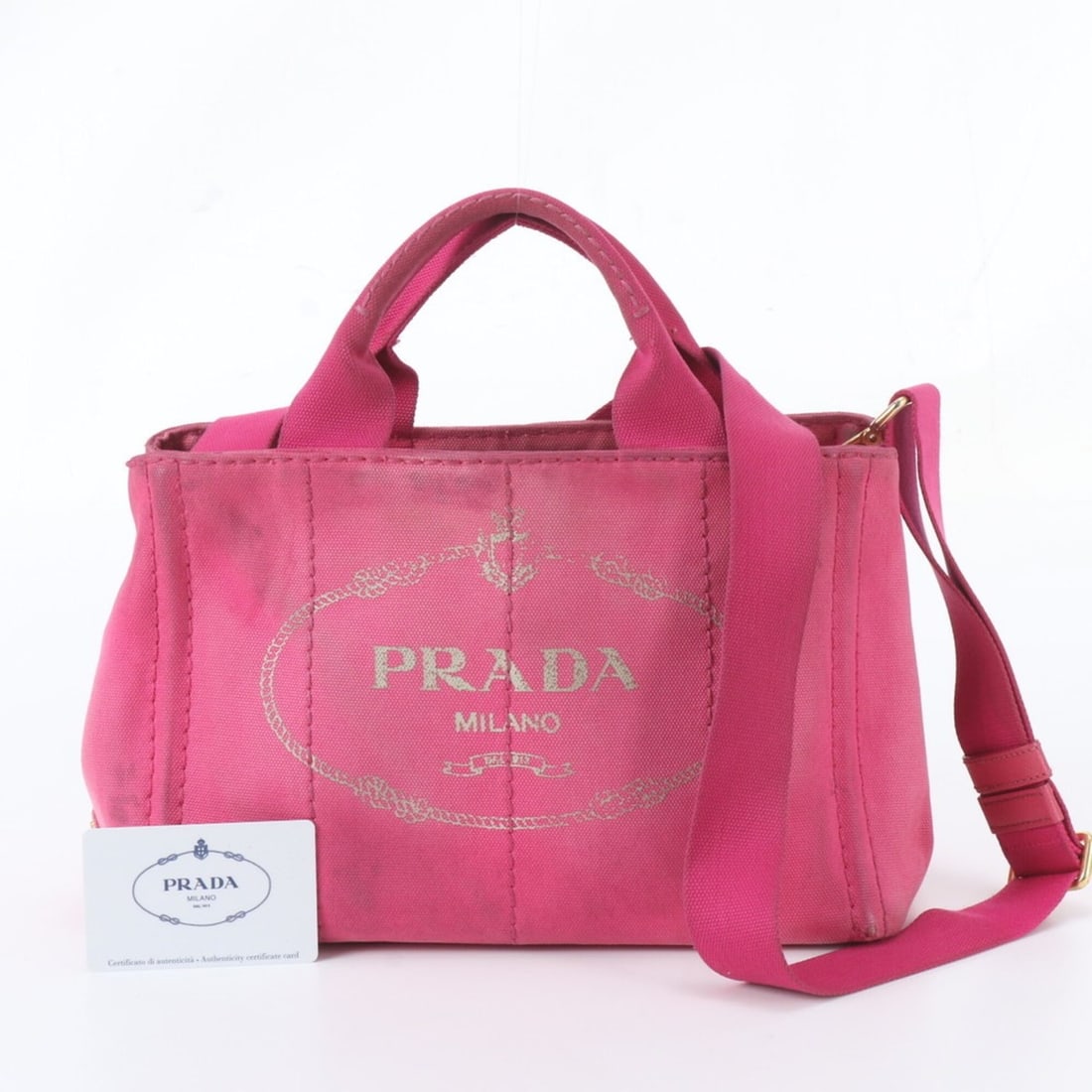 Prada Daimaru Umeda Store, with guarantee, Canapa B2439G Leather 2-Way Shoulder Bag/Handbag/Tote Bag: --- Catalog ---Category: SizeSize (HxWxD): 19cm x 28cm x 14cm / 7.48'' x 11.02'' x 5.51''Category: DesignType: Handbag, Shoulder bag, Tote bagColor: PinkGender: WomenMaterial: Leather , Canvas Categor