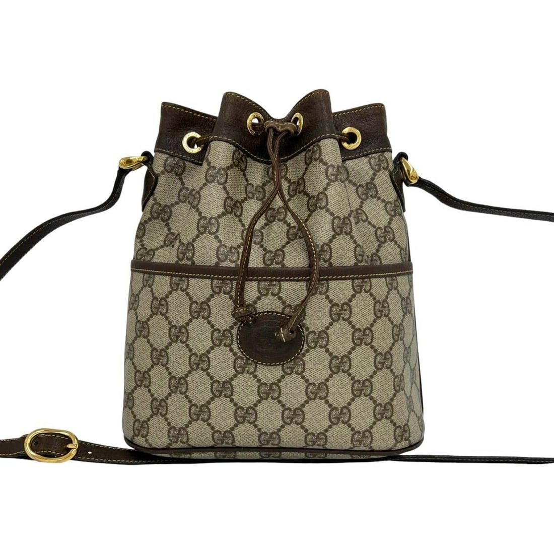GUCCI Vintage GG Logo Leather Drawstring Shoulder Bag/Pouch, Brown, 245-6
