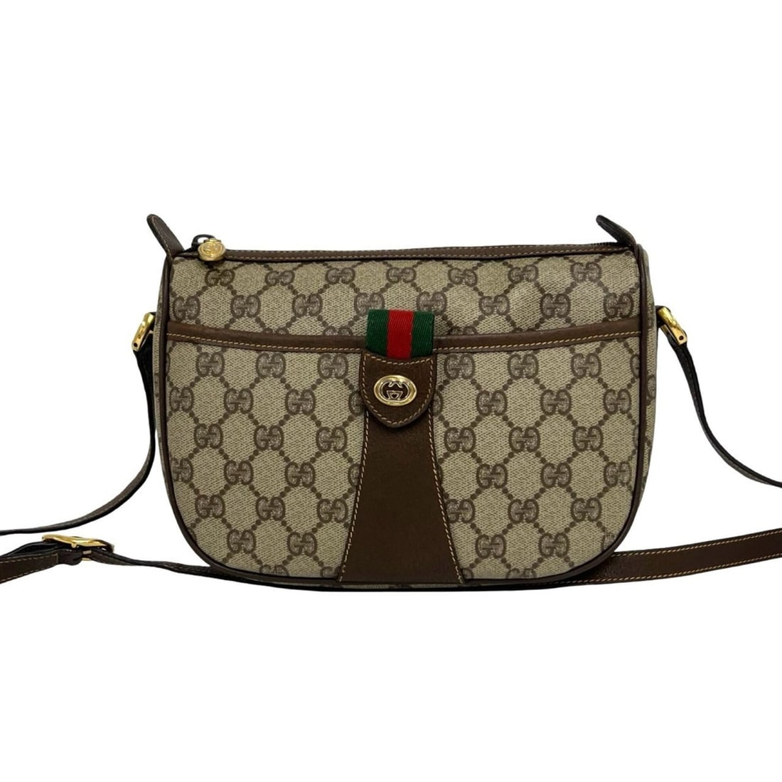 GUCCI Vintage Sherry Line GG Logo Leather Shoulder Bag (Brown) 00816: --- Catalog ---Category: SizeSize (HxWxD): 17cm x 23cm x 9cm / 6.69'' x 9.05'' x 3.54''Category: DesignType: Shoulder bagColor: Brown, Green, Red colorGender: WomenMaterial: PVC , Leather Category: Ge