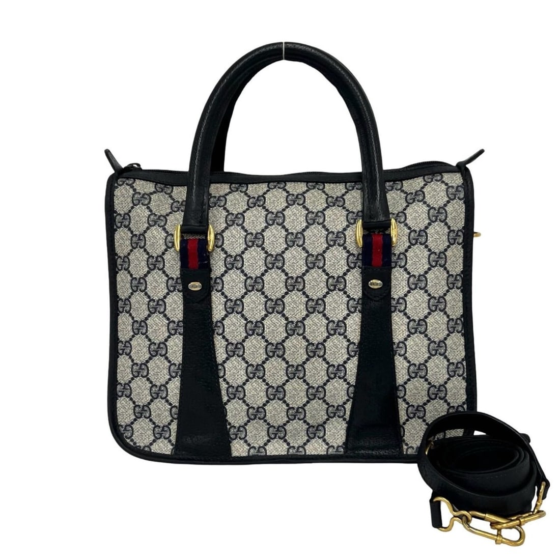GUCCI Vintage Sherry Line Leather 2-way Handbag/Shoulder Bag, Navy, 97213: --- Catalog ---Category: SizeSize (HxWxD): 22.5cm x 28cm x 14cm / 8.85'' x 11.02'' x 5.51''Category: DesignType: Handbag, Shoulder bagColor: Navy, Red colorGender: WomenMaterial: PVC , Leather Categor