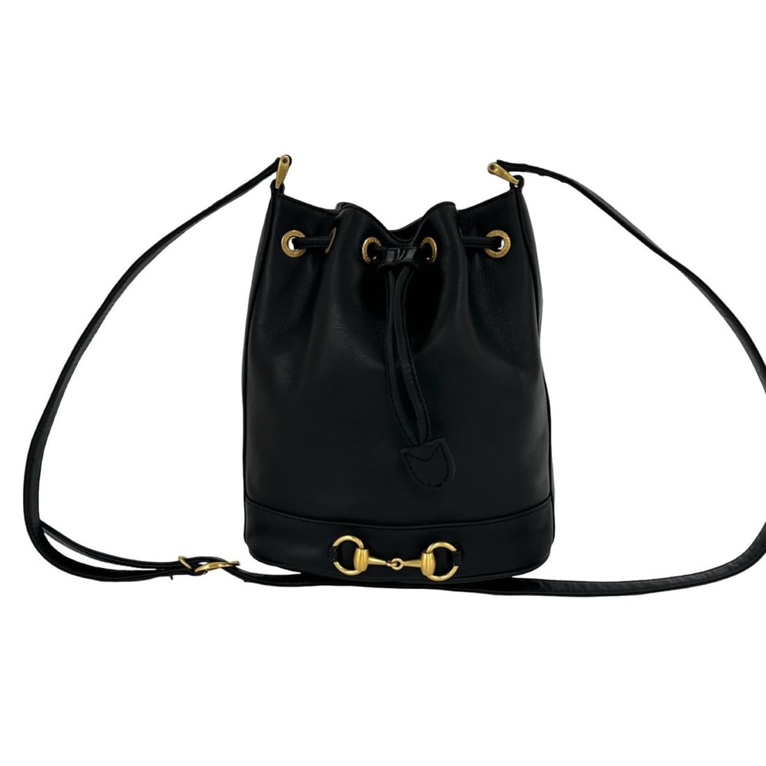 GUCCI Vintage Old Gucci Horsebit Hardware Leather Drawstring Shoulder Bag Pouch Black 26396