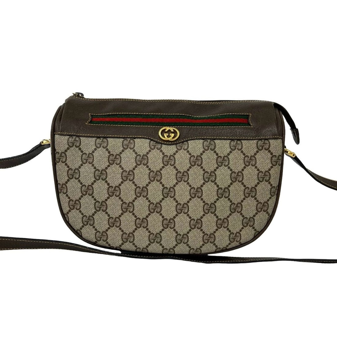 GUCCI Vintage Old Gucci Sherry Line GG Logo Leather Shoulder Bag/Pouch Brown 810-5: --- Catalog ---Category: SizeSize (HxWxD): 19cm x 24.5cm x 7.5cm / 7.48'' x 9.64'' x 2.95''Category: DesignType: Pochette, Shoulder bagColor: Brown, Green, Red colorGender: WomenMaterial: Leather , PV