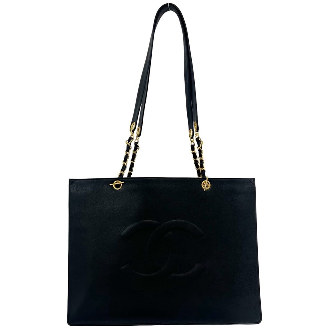 CHANEL Vintage Coco Mark Logo Caviar Leather Chain Tote Bag, Black 59795: --- Catalog ---Category: SizeSize (HxWxD): 41.5cm x 31.5cm x 11cm / 16.33'' x 12.4'' x 4.33''Category: DesignType: Tote bagColor: BlackGender: WomenMaterial: Grained Calfskin Category: GeneralBrand: C
