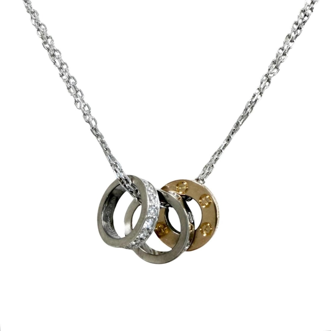 Cartier Love Three Hoop 750 (PG WG) Diamond Necklace SO9536 White Gold Pink Weight 8.91g Women's: --- Catalog ---Category: SizePendant Size: 9mm / 0.35''Neck Circumference: 37.5 cm - 41 cm / 14.76'' - 16.14''Category: DesignColor: Pink gold, White goldStone: DiamondGender: WomenMaterial: Pink gold