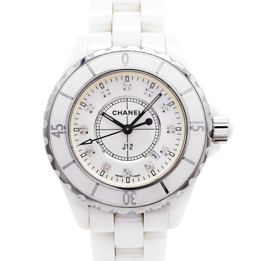 Chanel J12 Diamond H1628 White Dial Women's Watch: --- Catalog ---Category: SizeWrist Size: 15cm / 5.9''Case Diameter: 33.9mm / 1.33''Category: DesignType: WristwatchGender: WomenColor (Dial): WhiteMaterial (Band): CeramicCategory: GeneralMPN: H1628Br