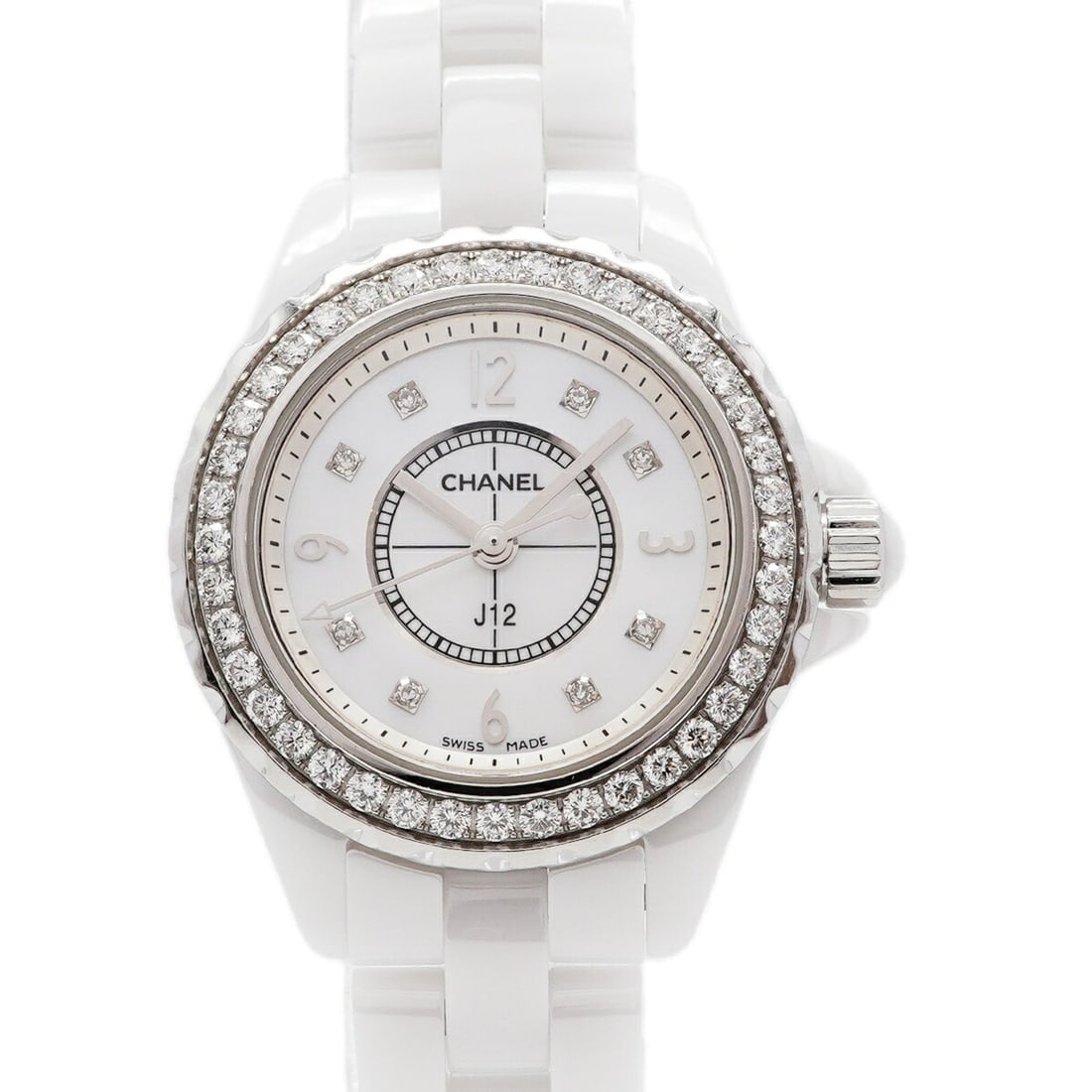 Chanel J12 Diamond H2572 White Dial Women's Watch: --- Catalog ---Category: SizeWrist Size: 14cm / 5.51''Case Diameter: 28.6mm / 1.13''Category: DesignType: WristwatchGender: WomenColor (Dial): WhiteMaterial (Band): CeramicCategory: GeneralMPN: H2572B