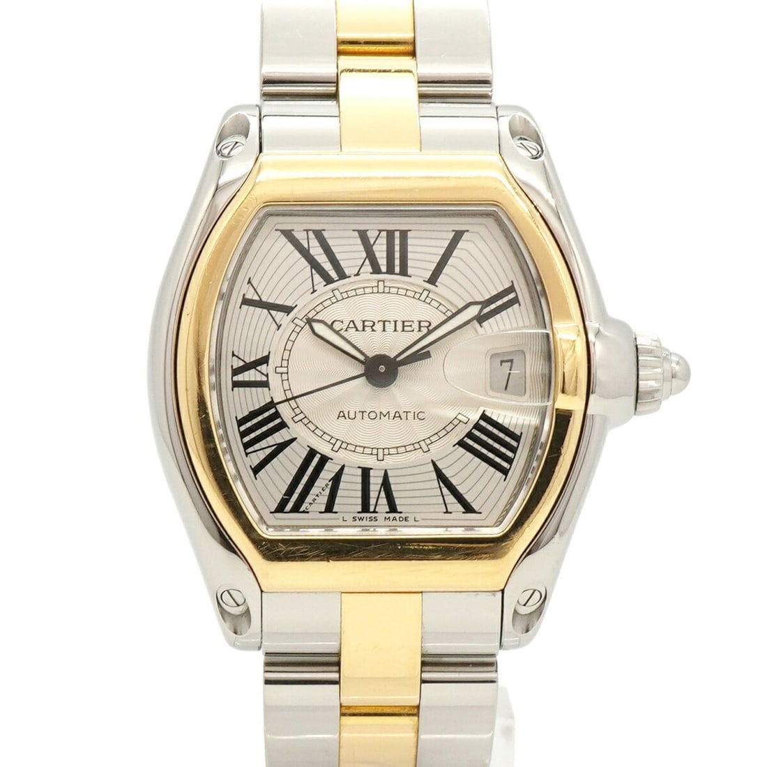 Cartier Roadster LM Two-Tone W62031Y4 Silver Dial Men's Watch: --- Catalog ---Category: SizeWrist Size: 17.5cm / 6.88''Case Diameter: 37mm / 1.46''Category: DesignType: WristwatchGender: MenColor (Dial): SilverMaterial (Band): Stainless steel, Yellow goldCategory