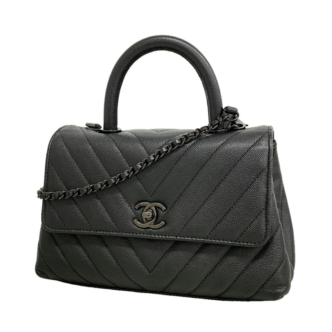Chanel handbag, chain shoulder strap, chevron, Coco handle, caviar leather, black, women's.