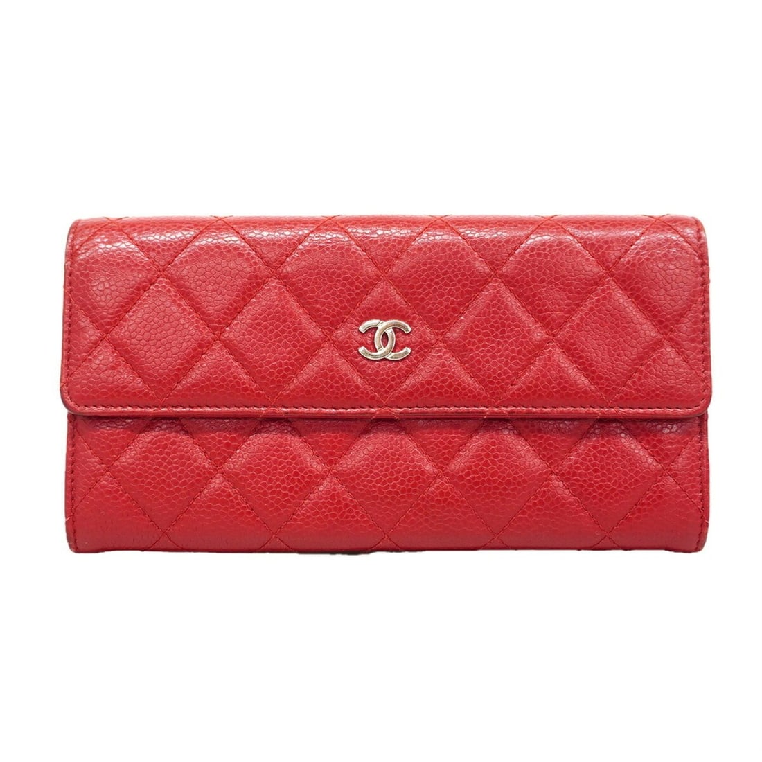 Chanel long wallet, Matelassé caviar leather, red, women's.
