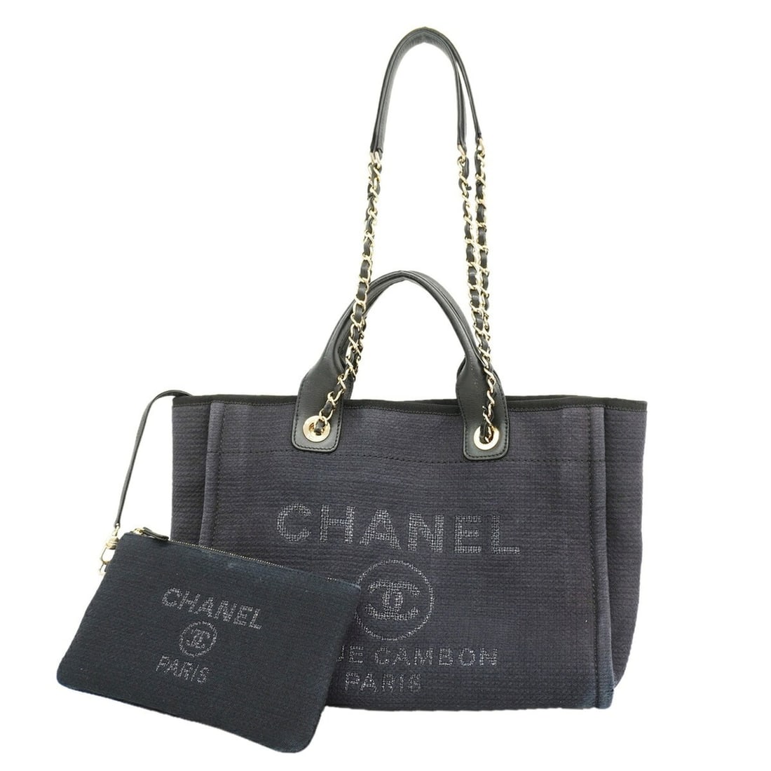 Chanel Deauville Canvas Chain Tote Bag (Black/Champagne) - Women's: --- Catalog ---Category: SizeSize (HxWxD): 26cm x 34cm x 17cm / 10.23'' x 13.38'' x 6.69''Category: DesignType: Tote bagColor: BlackGender: WomenMaterial: Canvas Hardware Color: Champagne goldCategory