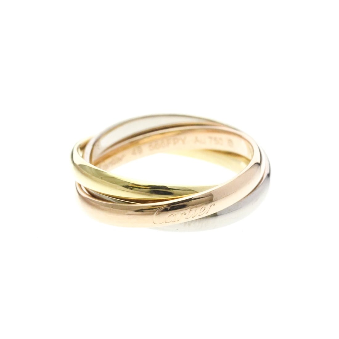 Cartier Trinity Ring Yellow Gold (18K),Pink Gold (18K),White Gold (18K) Fashion No Stone Band Ring: --- Catalog ---Category: SizeWidth: 2.6mm / 0.1''Weight: 5.8g / 0.2oz.JP Size: 16US Size: 7 1/2Brand Size: 56Category: DesignType: Band ringColor: GoldMetal: Gold, White GoldStone: No StoneStyle: Fash