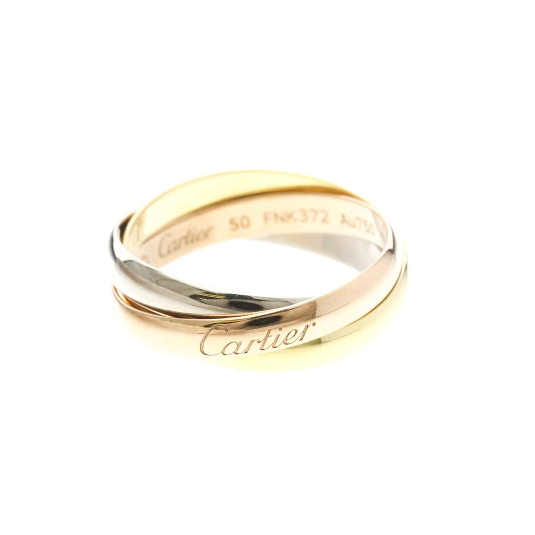 Cartier Trinity Ring Yellow Gold (18K),Pink Gold (18K),White Gold (18K) Fashion No Stone Band Ring: --- Catalog ---Category: SizeWidth: 2.8mm / 0.11''Weight: 4.5g / 0.15oz.JP Size: 10US Size: 5 1/4Brand Size: 50Category: DesignType: Band ringColor: GoldMetal: Gold, White GoldStone: No StoneStyle: Fa