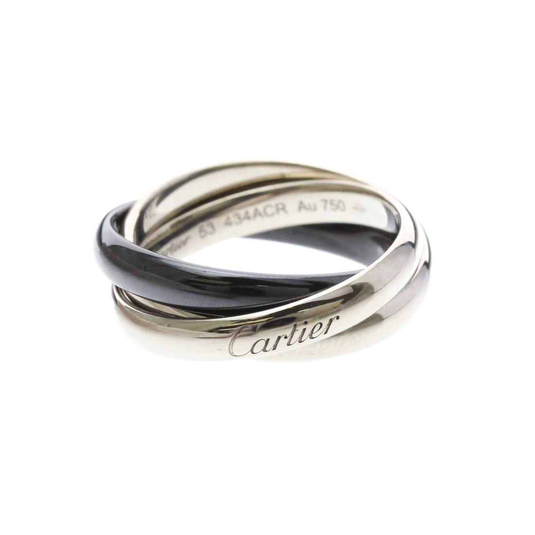 Cartier Trinity Ring White Gold (18K),Ceramic Fashion No Stone Band Ring Silver,Black: --- Catalog ---Category: SizeWidth: 3.2mm / 0.13''Weight: 8.4g / 0.29oz.JP Size: 13US Size: 6 1/4Brand Size: 53Category: DesignType: Band ringColor: Black, SilverMetal: White GoldStone: No StoneStyle: